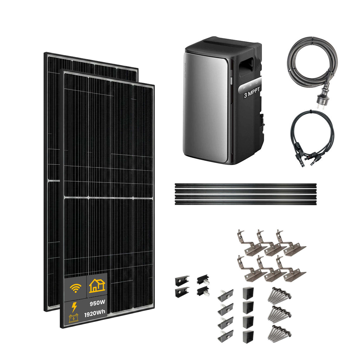 950 W EcoFlow STREAM Pro Balkonkraftwerk | Set mit Mikrowechselrichter und 2x 475 W DAH bifacial Solarmodul mit Hausdachhalterungen für Ziegeldächer und 1,92 kWh Speicher