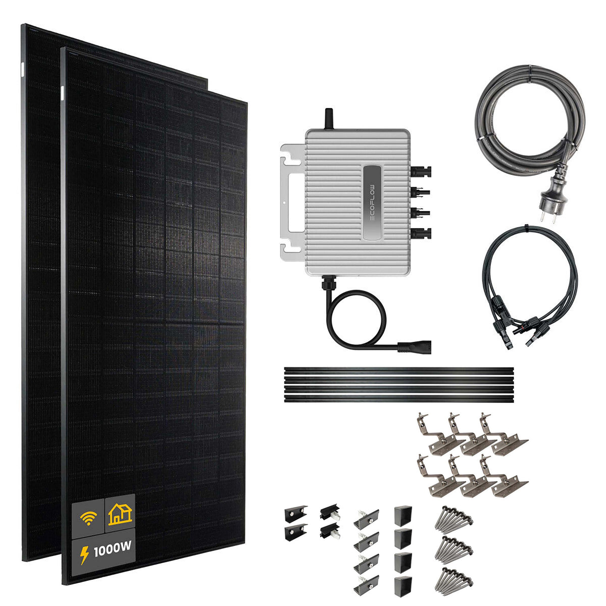 1000 W Balkonkraftwerk | Set mit EcoFlow STREAM 800 W Mikrowechselrichter und 2x 500 W DAH Solarmodul mit Hausdachhalterungen für Ziegeldächer ohne Speicher