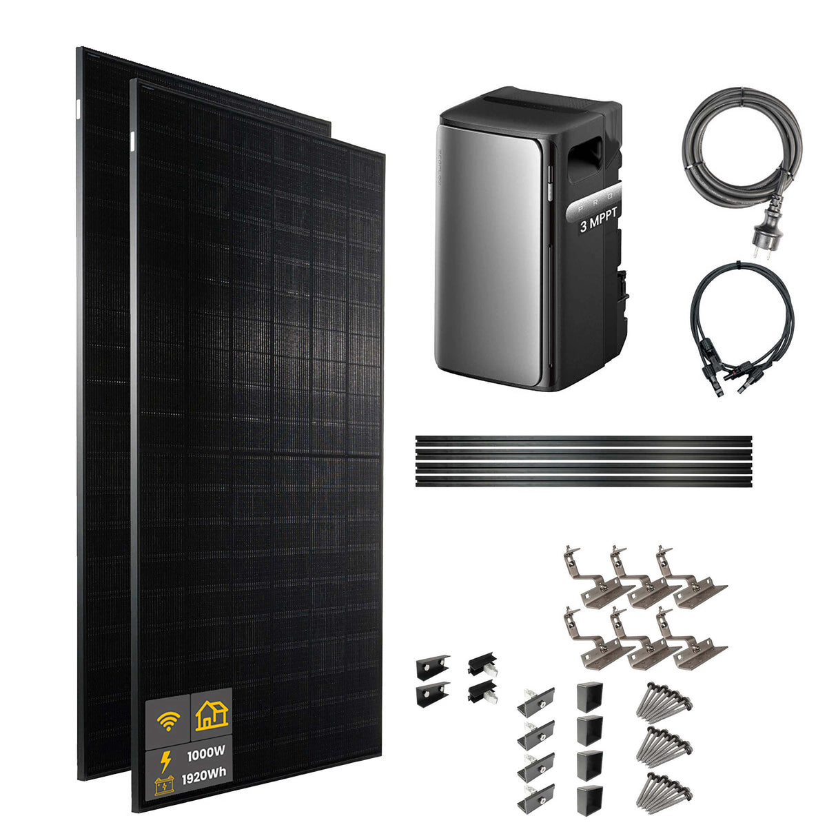 1000 W EcoFlow STREAM Pro Balkonkraftwerk | Set mit Mikrowechselrichter und 2x 500 W DAH bifacial Solarmodul mit Hausdachhalterungen für Ziegeldächer und 1,92 kWh Speicher
