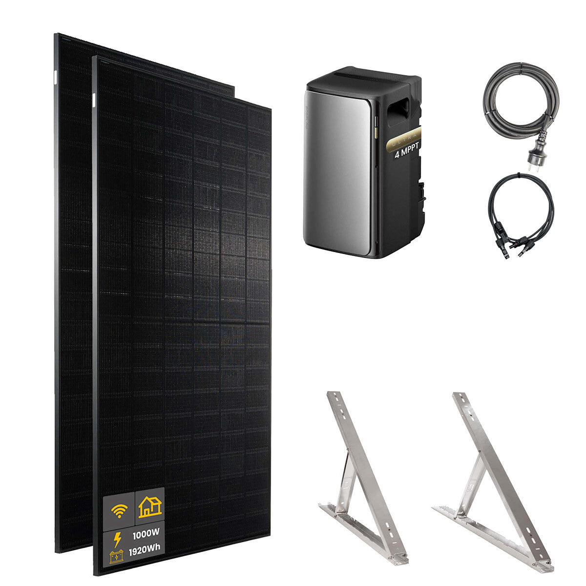1000 W EcoFlow STREAM Ultra Balkonkraftwerk | Set mit Mikrowechselrichter und 2x 500 W DAH bifacial Solarmodul mit Flachdach Halterung und 1,92 kWh Speicher