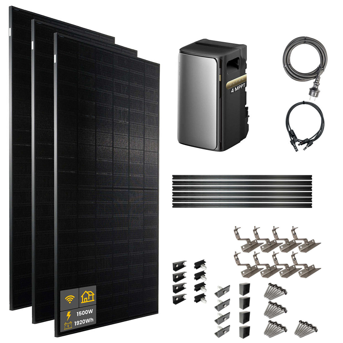 1500 W EcoFlow STREAM Ultra Balkonkraftwerk | Set mit Hausdachhalterungen für Ziegeldächer, 3x 500 W DAH bifacial Solarmodul und 1,92 kWh Speicher