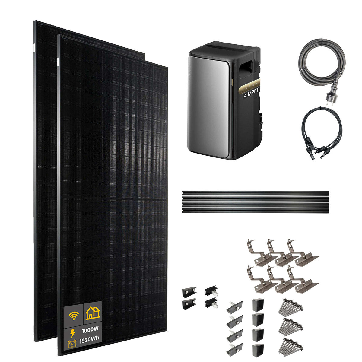 1000 W EcoFlow STREAM Ultra Balkonkraftwerk | Set mit Hausdachhalterungen für Ziegeldächer, 2x 500 W DAH bifacial Solarmodul und 1,92 kWh Speicher