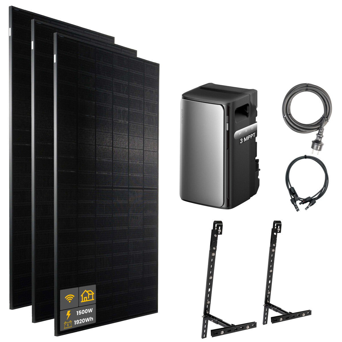 1500 W EcoFlow STREAM Pro Balkonkraftwerk | Set mit Mikrowechselrichter und 3x 500 W DAH bifacial Solarmodul mit Gitterbalkon Halterung und 1,92 kWh Speicher