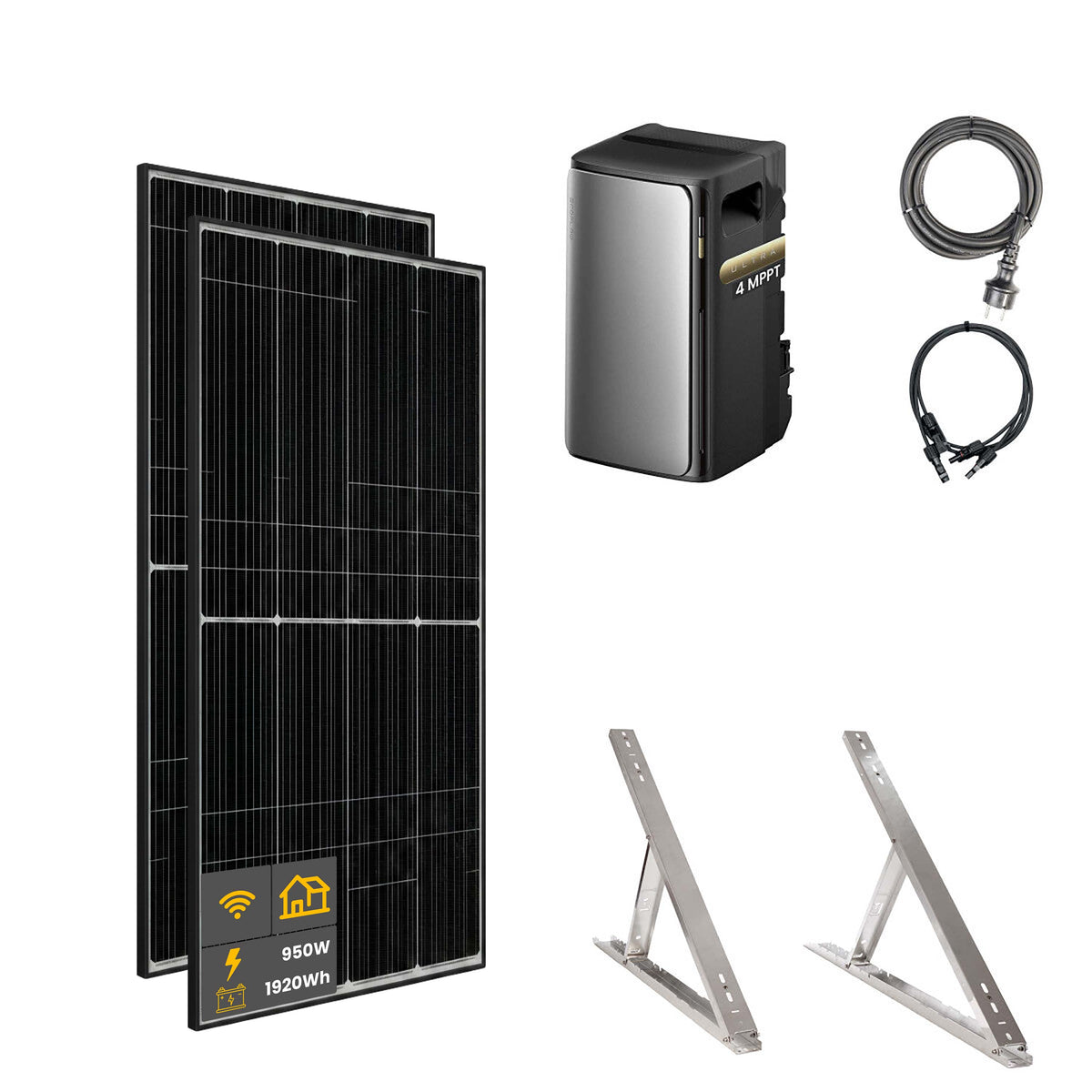 950 W EcoFlow STREAM Ultra Balkonkraftwerk | Set mit Mikrowechselrichter und 2x 475 W DAH bifacial Solarmodul mit Flachdach Halterung und 1,92 kWh Speicher
