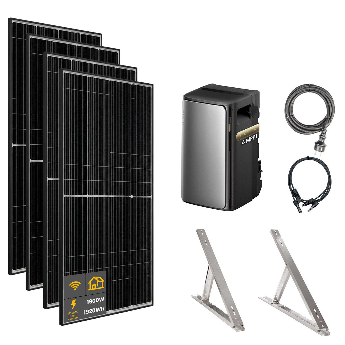 1900 W EcoFlow STREAM Ultra Balkonkraftwerk | Set mit Mikrowechselrichter und 4x 475 W DAH bifacial Solarmodul mit Flachdach Halterung und 1,92 kWh Speicher
