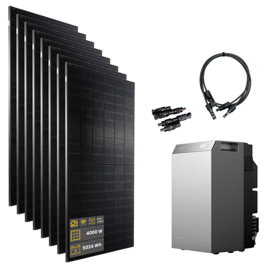 4000 W EcoFlow STREAM 5000 Balkonkraftwerk | Set mit Mikrowechselrichter und 8 x 500 W DAH bifacial Solarmodul ohne Halterung und 5 kWh Speicher